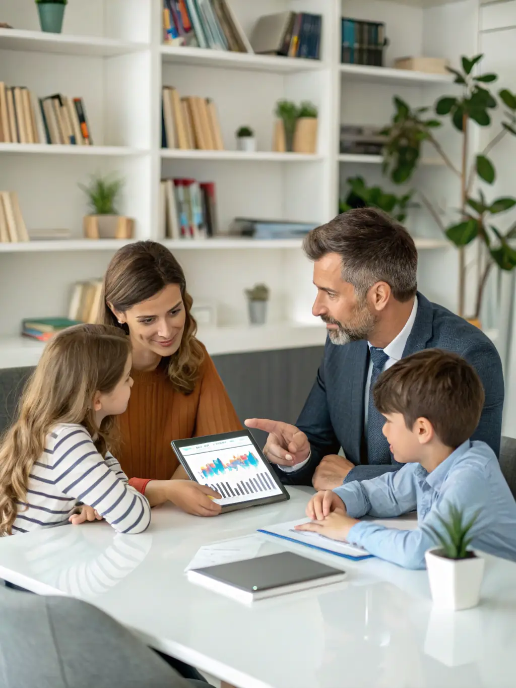 A South African family happily planning their future finances with a financial advisor, focusing on savings and investment options.