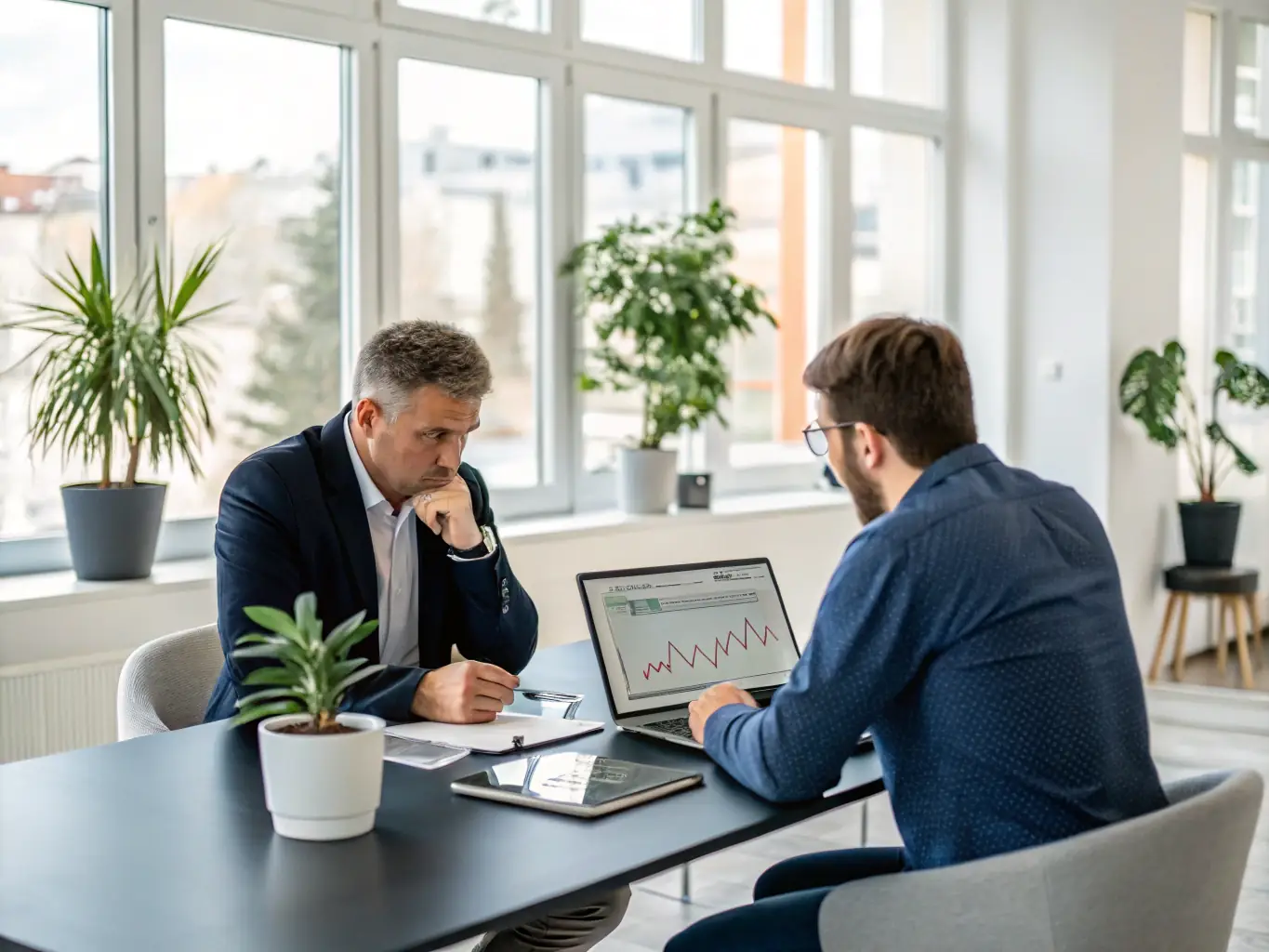 A financial advisor in a modern office setting, reviewing investment portfolios on a tablet with a client, showcasing smartvision.fun's personalized investment strategy service.