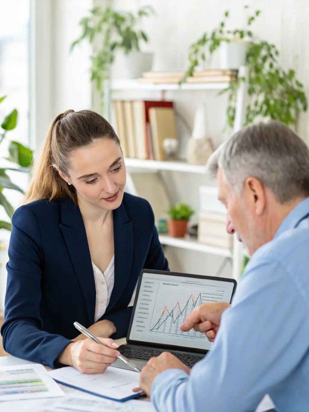 A financial advisor explaining tax-efficient savings options to a client in South Africa, with relevant documents and charts on the table.