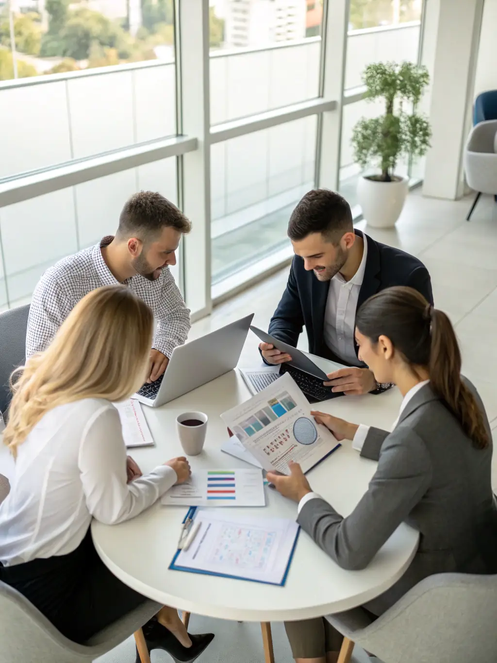 A diverse group of South African professionals discussing investment strategies around a table, with charts and graphs displayed on a screen.