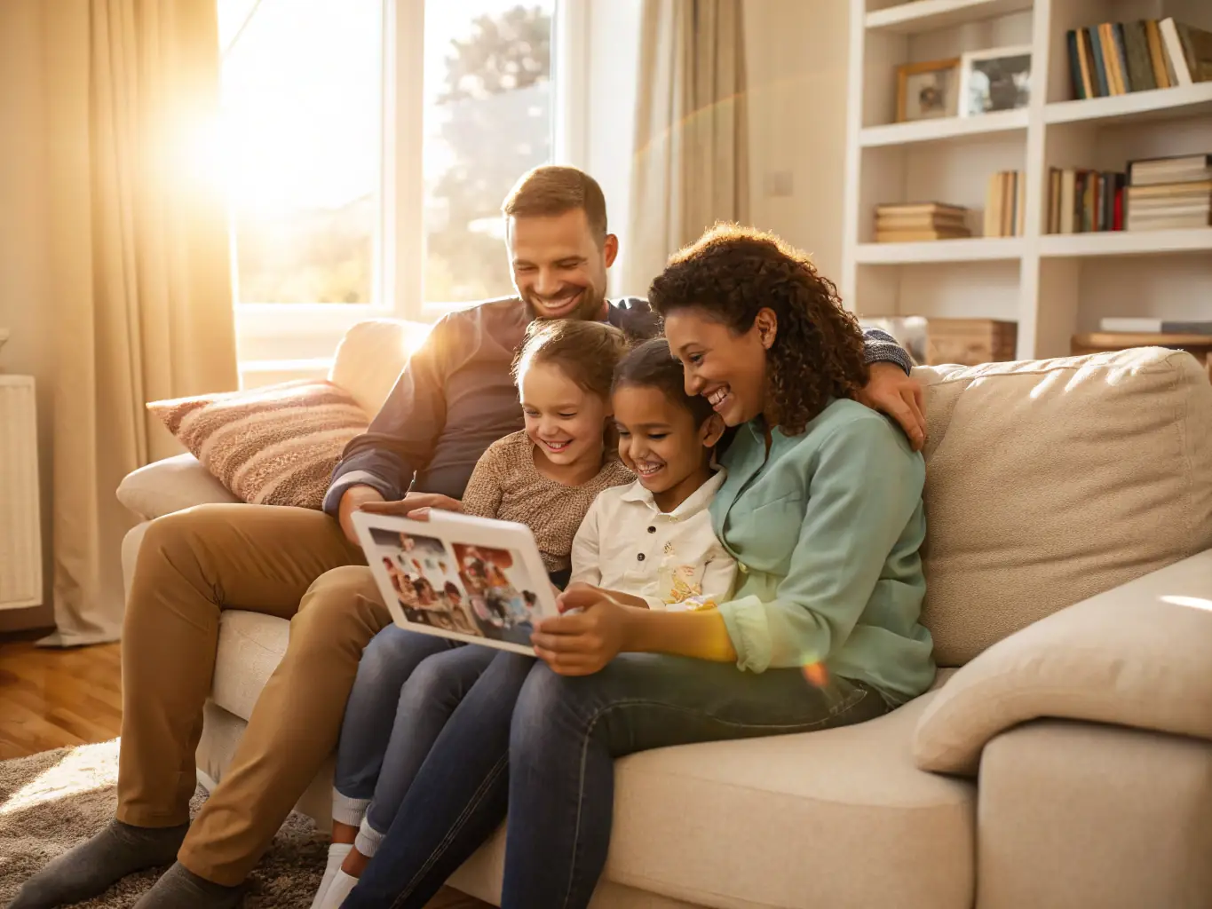 A family happily planning their future finances together at home, representing smartvision.fun's savings plan services.