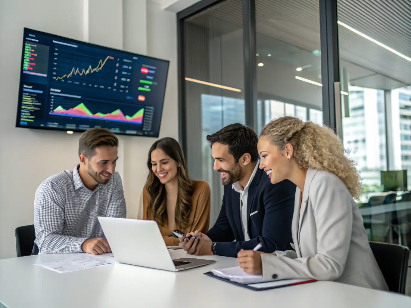 A diverse group of South African professionals collaborating on financial planning documents in a bright, modern office, illustrating smartvision.fun's commitment to expert financial advice.